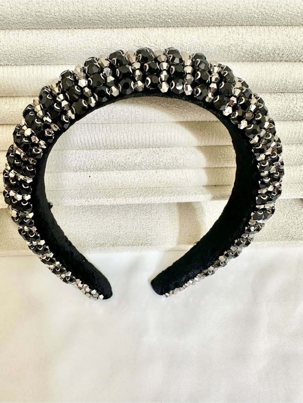 Chunky Embellished Black Crystal Padded Headband - Handmade